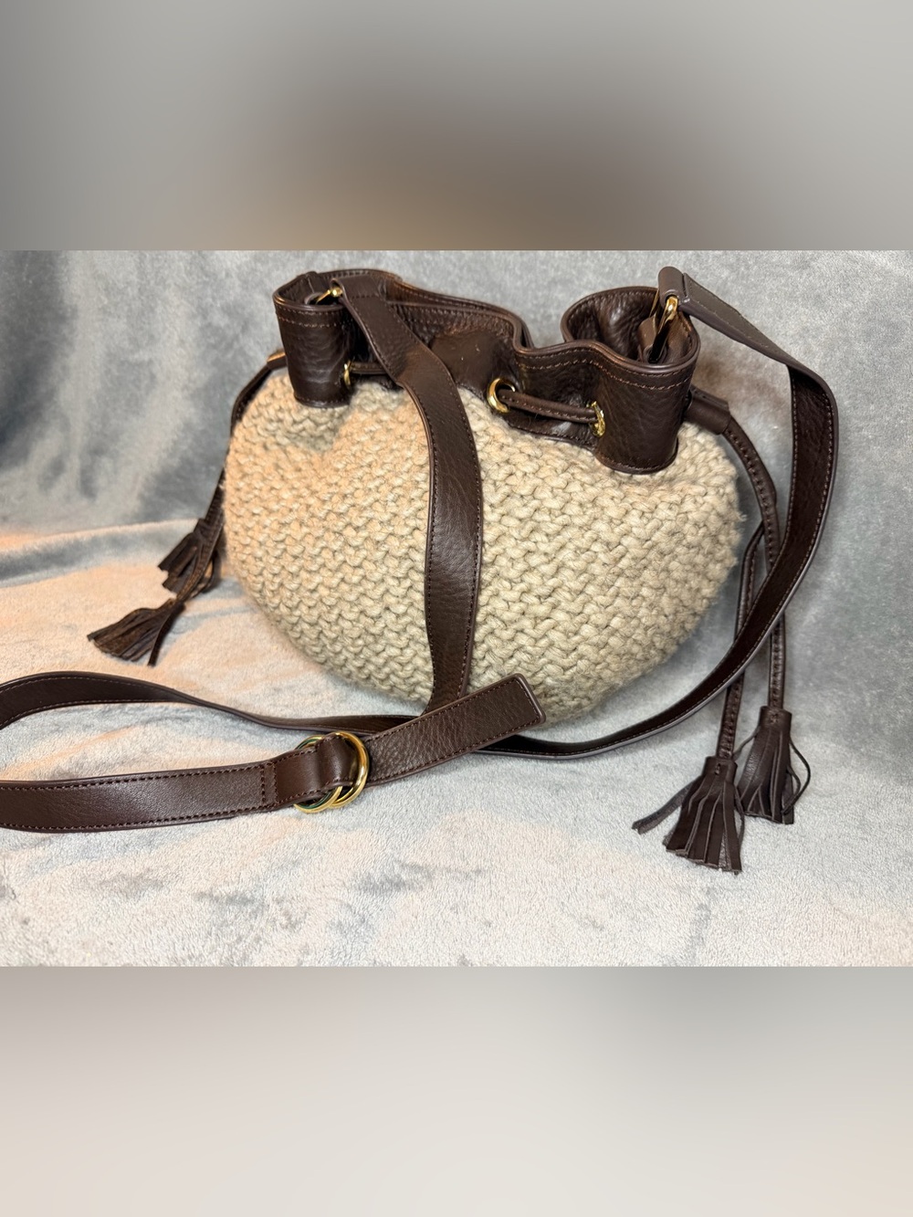 UGG Cable Knit Lambswool and Yak Drawstring Hobo w/ Brown Leather Trim - Picture 4 of 12